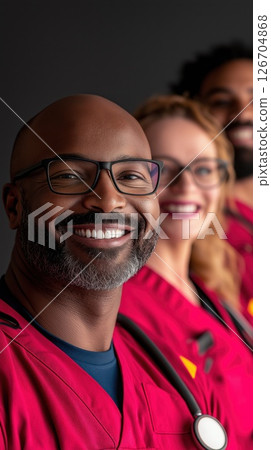 Diverse group of paramedics and firefighters smiling in uniform during team gathering 126704868