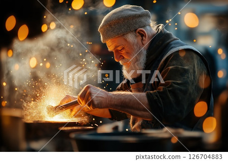 Experienced blacksmith forges a knife in a workshop filled with warm light and sparks 126704883