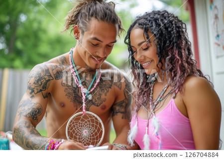 Young couple of mixed race enjoying creative time together while weaving a dreamcatcher Young couple of mixed race enjoying creative time together while weaving a dreamcatcher 126704884