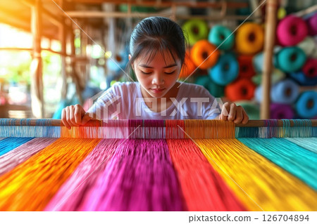 Young woman skillfully weaving vibrant threads in a traditional workshop 126704894