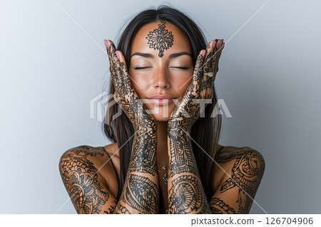 Woman of Middle Eastern descent showcasing intricate henna designs on her arms and face Woman of Middle Eastern descent showcasing intricate henna designs on her arms and face 126704906