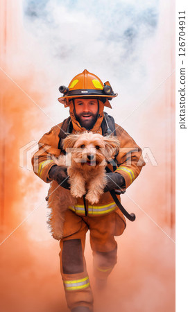 Firefighter rescues dog from smoky environment during emergency response effort Firefighter rescues dog from smoky environment during emergency response effort 126704911