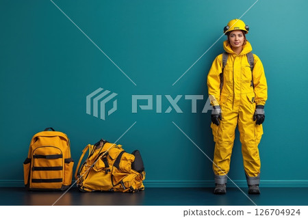 Rescue worker ready for action with gear beside her in a vibrant indoor setting Rescue worker ready for action with gear beside her in a vibrant indoor setting 126704924
