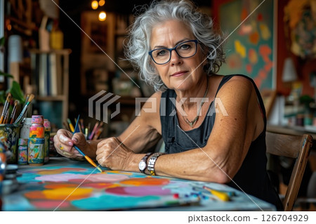 Middle aged woman enjoys hand painting colorful wooden art in a cozy studio setting Middle aged woman enjoys hand painting colorful wooden art in a cozy studio setting 126704929