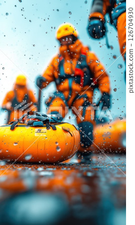Mountain rescuers prepare equipment for treacherous conditions in challenging terrain 126704930
