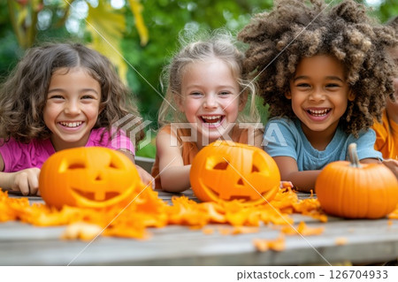 Group of children joyfully carving pumpkins during autumn festival activities outdoors Group of children joyfully carving pumpkins during autumn festival activities outdoors 126704933
