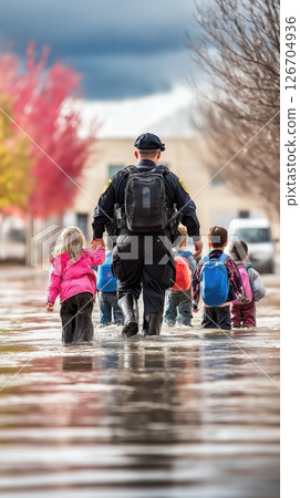 Police officer assists children walking through flooded street in community Police officer assists children walking through flooded street in community 126704936