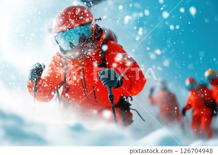 Mountain rescuers prepare equipment for challenging ascent in snowy conditions 126704948