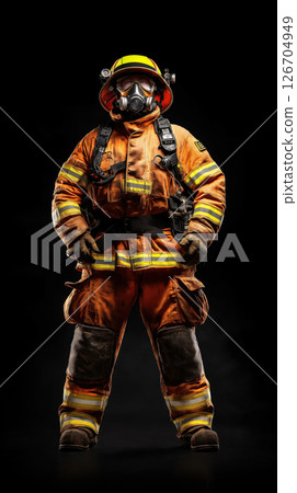Firefighter poses confidently in full protective gear against solid black background Firefighter poses confidently in full protective gear against solid black background 126704949