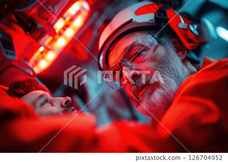 Paramedic checks vitals of injured man during emergency response in medical environment Paramedic checks vitals of injured man during emergency response in medical environment 126704952