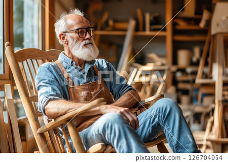 Experienced craftsman restoring an antique rocking chair in a cozy workshop setting Experienced craftsman restoring an antique rocking chair in a cozy workshop setting 126704954