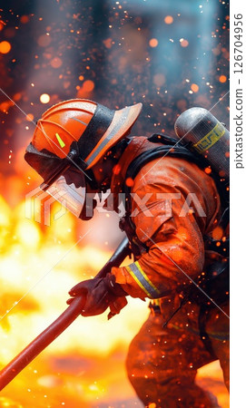 Young female firefighter skillfully controls fire hose in challenging blaze environment Young female firefighter skillfully controls fire hose in challenging blaze environment 126704956