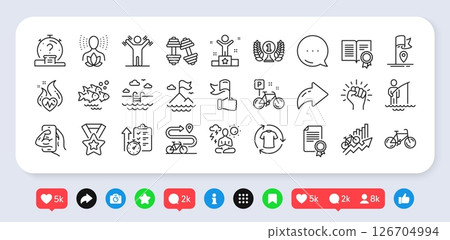 Certificate, Swimming pool and Leadership line icons pack. Social media: share, comment, like icons. Flag, Winner ribbon, Empower web icon. Cardio training, Bicycle, Quiz pictogram. Vector 126704994