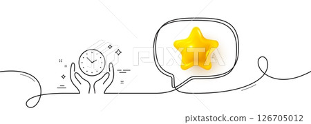 Safe time line icon. Continuous line with 3d star. Clock sign. Hold watch symbol. 3d star in speech bubble. Safe time single line ribbon. Loop curve pattern. Vector 126705012