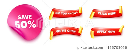 Discount sticker, offer ribbons. Apply now, Did you know. Save 50 percent off tag. Sale Discount offer price sign. Special offer symbol. Pink sticker tag. Flag ribbon banners. Vector Discount sticker, offer ribbons. Apply now, Did you know. Save 50 percent off tag. Sale Discount offer price sign. Special offer symbol. Pink sticker tag. Flag ribbon banners. Vector 126705036