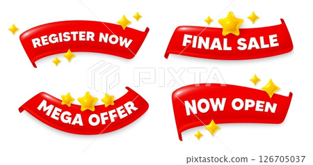 Register now flag ribbon. Mega discount, Final sale, Now open. Register now. Join today sign. Free subscribe symbol. Red flag ribbon banners. Promo offer tags. Vector Register now flag ribbon. Mega discount, Final sale, Now open. Register now. Join today sign. Free subscribe symbol. Red flag ribbon banners. Promo offer tags. Vector 126705037