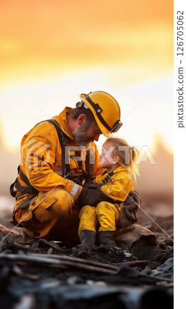 Rescue worker comforts crying child in orange gear during sunset at disaster site 126705062