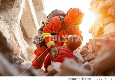 Firefighter performs rescue of man trapped under collapsed building in emergency situation 126705085