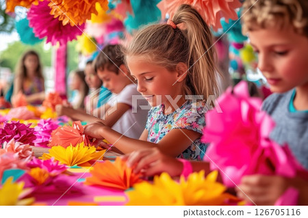 Children create colorful paper masks at a crafting workshop outdoors during a sunny summer day 126705116
