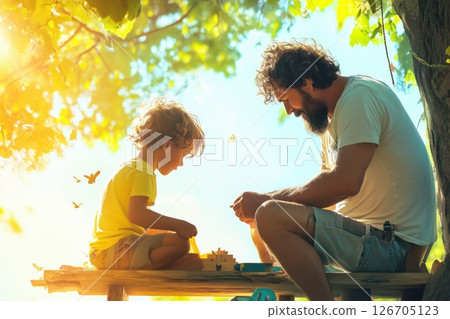 Father and son enjoy building a treehouse in the backyard under a sunny sky 126705123