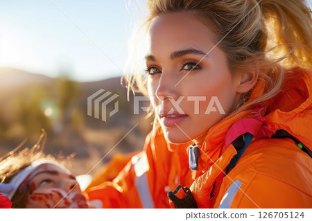 Paramedic provides IV treatment to a patient in a remote outdoor location during golden hour 126705124