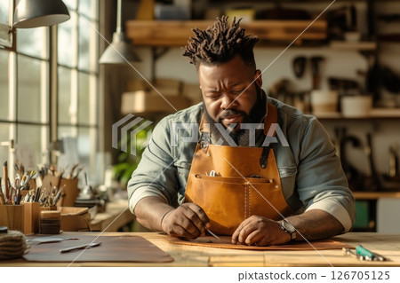 Man of African descent restoring leather in a workshop filled with tools and natural light 126705125