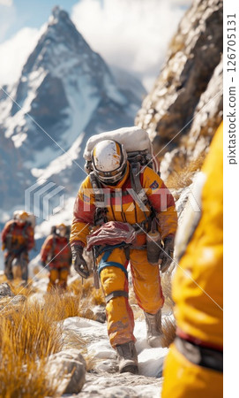A dedicated team of mountain rescuers navigates rocky terrain while carrying an injured climber 126705131