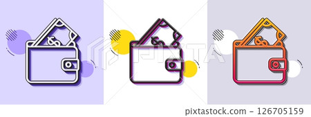 Wallet with Cash money line icon. Halftone dotted pattern. Gradient icon with grain shadow. Dollar currency sign. Payment method symbol. Line wallet icon. Various designs. Vector 126705159