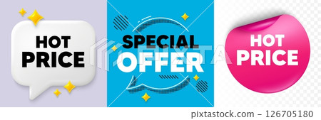 Hot price speech bubble. 3d sparkles chat, Paper sticker. Hot Price tag. Special offer Sale sign. Advertising Discounts symbol. Special offer bubble. Halftone dots pattern. Vector 126705180