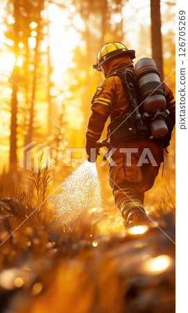 Firefighter in full gear sprays water to combat forest fire during golden hour 126705269
