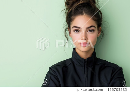 Young woman in rescue uniform poses confidently against a green background Young woman in rescue uniform poses confidently against a green background 126705283