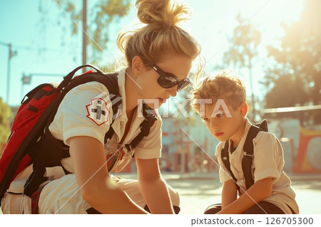 Young boy receives medical care from woman paramedic outdoors in warm sunlight Young boy receives medical care from woman paramedic outdoors in warm sunlight 126705300