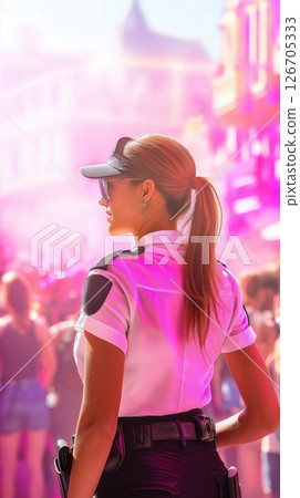 Woman police officer assists crowd during event for public safety in lively atmosphere 126705333