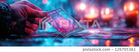 Close up of a tarot card being flipped over with candlelight setting the mystical atmosphere 126705361