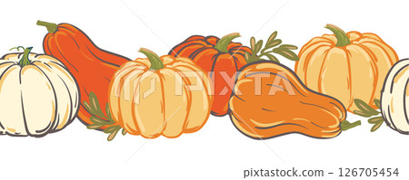 Vector seamless border of colorful pumpkins, Halloween decoration. Pattern with autumn pumpkins for Halloween party invitations, Thanksgiving day design. Vector seamless border of colorful pumpkins, Halloween decoration. Pattern with autumn pumpkins for Halloween party invitations, Thanksgiving day design. 126705454