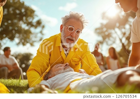 Paramedic performing CPR on a middle aged man in a park during the afternoon 126705534