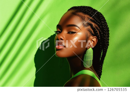 Young woman with braided hair standing confidently against a vibrant green background 126705535