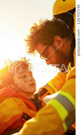 Male rescue worker supports a crying teenager... - Stock Illustration ...