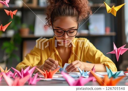 Young woman focuses on folding colorful origami cranes in a creative workspace 126705548
