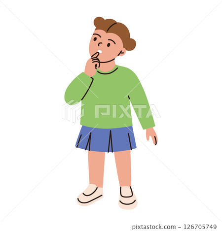 Vector illustration of thoughtful girl thinking with curious expression. Flat cartoon child with confusion, hesitation, cute puzzled schoolgirl for childrens books, posters, educational materials 126705749