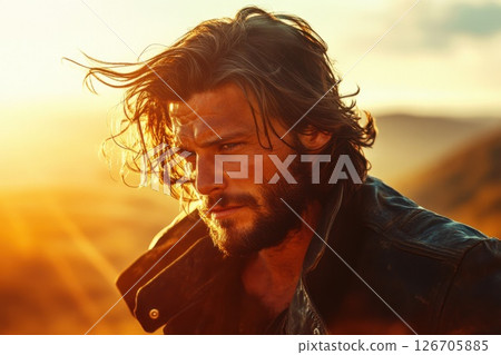 Man with long dark hair on a windy hillside at sunset displaying a rugged and reflective demeanor 126705885