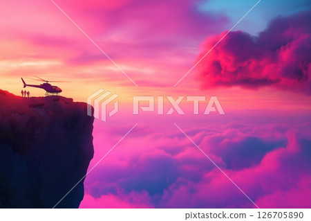 Helicopter conducts rescue operation for stranded hikers on cliff during sunset 126705890