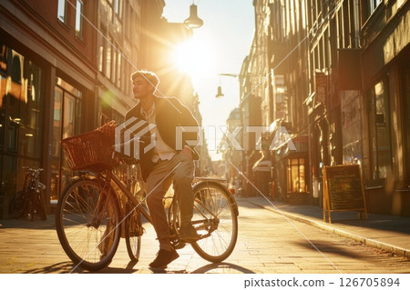 Man leans on bicycle in sunlit city square showcasing relaxed and stylish urban lifestyle 126705894