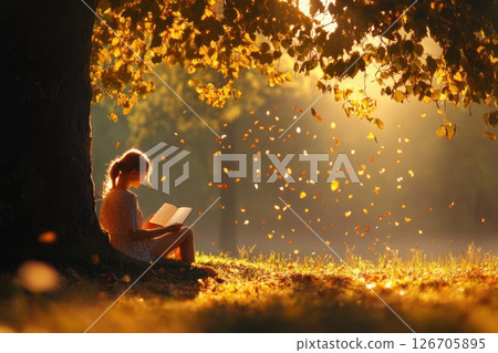 Girl reading a book under a tree with sunlight filtering through the leaves 126705895