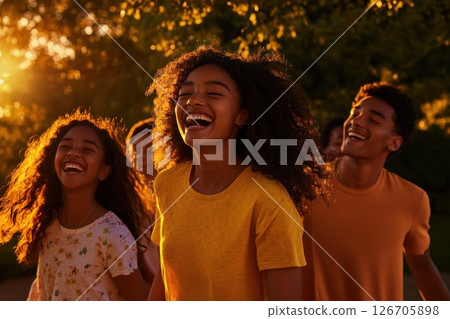 Friends enjoying a sunny day in the park filled with laughter and joy Friends enjoying a sunny day in the park filled with laughter and joy 126705898