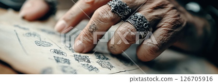 Intricate silver rings hold pendulum over parchment adorned with mystical symbols 126705916
