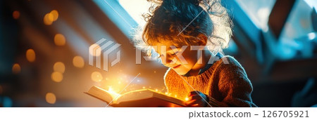 Young girl experiences magic in a dimly lit attic while reading a glowing book 126705921