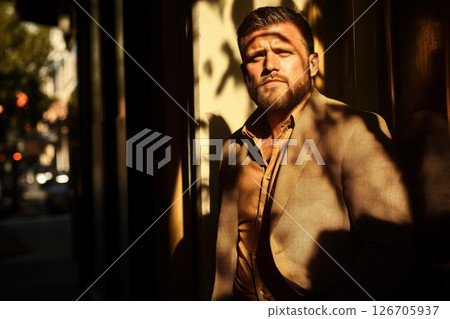 Determined man navigating a bustling city street under bright midday sun 126705937