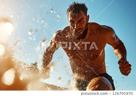 Muscular man running energetically on sunny beach with intense determination 126705970