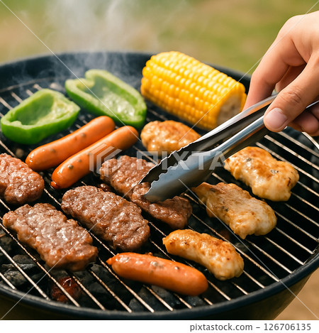 Checking doneness with tongs at an outdoor barbecue 126706135